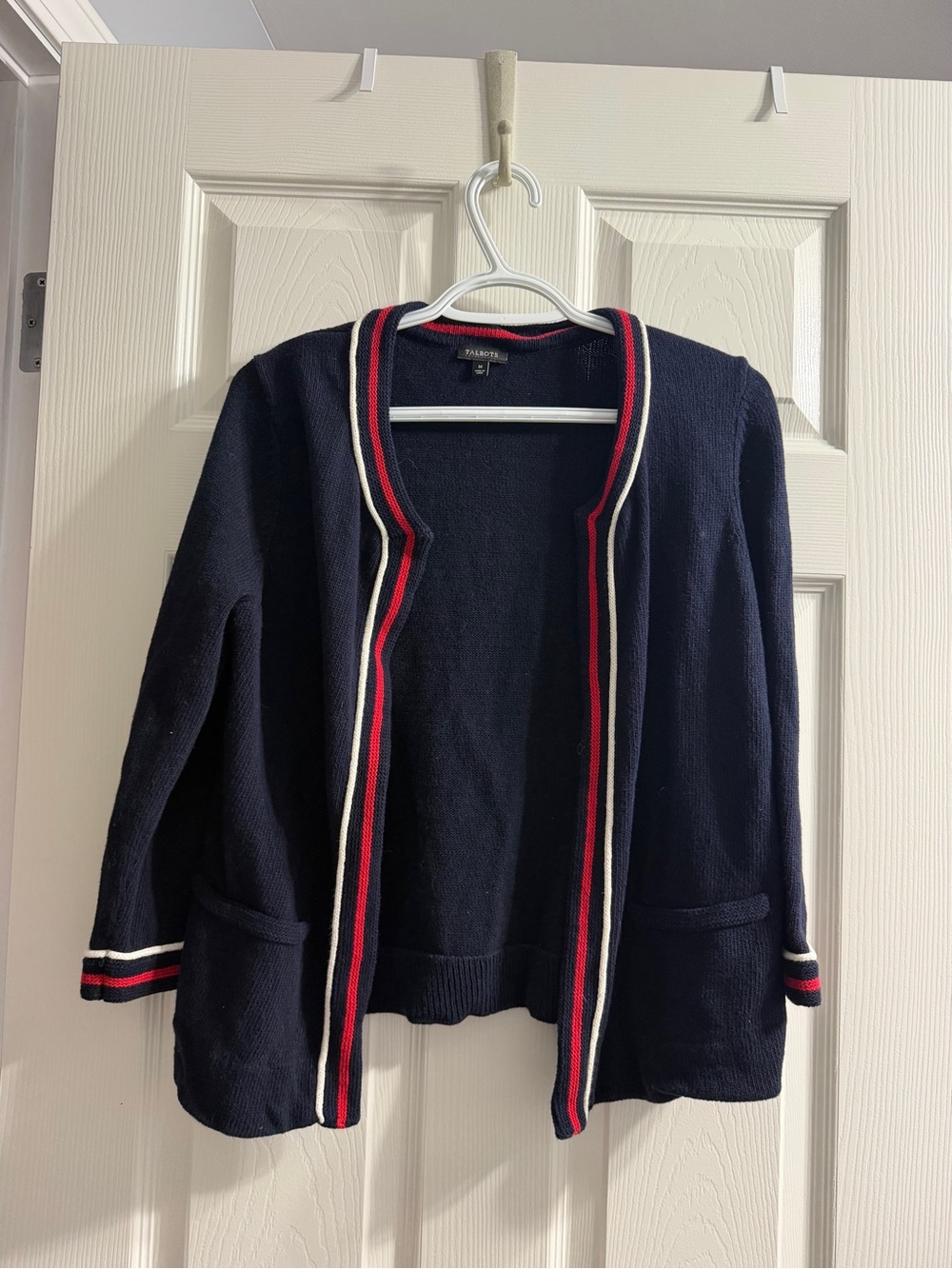 Talbots Navy Open-Front Cardigan with Red & White Trim Accents